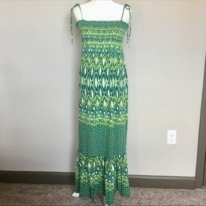 Iz Byer CA Size Medium Green Shirred Top Tie Waist Maxi Dress Vintage 90’s Y2K